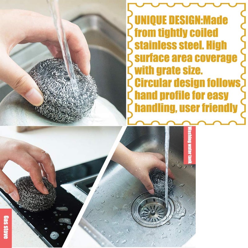 NRDBEEEC 18 PCS Stainless Steel Sponges Scrubbers Cleaning Ball Utensil Scrubber Metal Scrubber Scouring Pads Ball for Pot Pan Dish Wash Cleaning for Removing Rust Dirty Cookware Cleaner with Handle (18 Pack) - Image 3